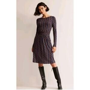 Boden Women's Long Sleeve Abigail Stretch Jersey A-Line Dress Blue/Brown Size 14